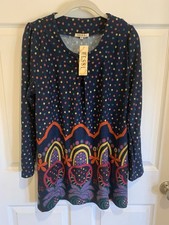 HESSI Women’s Long-Sleeved Shift Dress NWT Size Medium M Navy W/Dots Floral