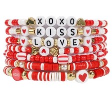 Bracelets for Women Heishi Surfer Pink Clay Bead Bracelet Set Love Heart Bracele
