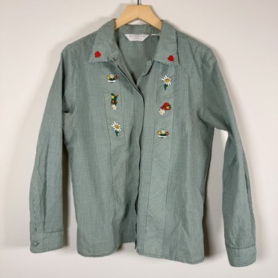 Stonybrook Micro Plaid Floral Embroidered Hidden Button Up Down Shirt Top 10