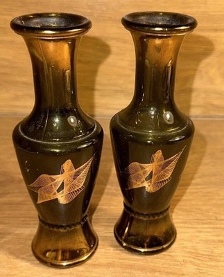 Midcentury Modern Wheaton Ware Green Smoked Glass Bud Vases Pair of 2 Gold Trim