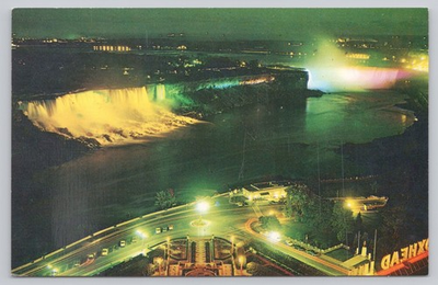 #ad #ad Niagara Falls Illuminated Canada Plastichrome Postcard Aerial View Night Scene $7.99