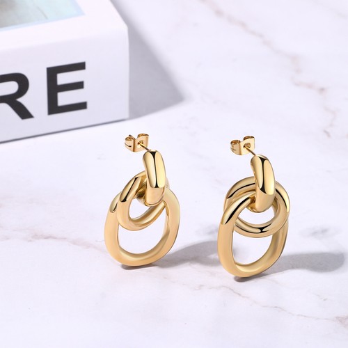 Womens Chunky Gold Plated Geometric Drop Earrings Lightweight Twisted Knot Studs - Picture 5 of 6
