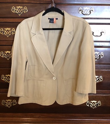 Size 14 Vintage Boston Proper Blazer Tan Khaki 3 Pockets 3/4 Slit Sleeve Cotton