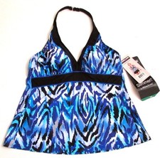 Ladies MIRACLESUIT Halter Neck TANKINI TOP Swimming Costume BLUE Multi | UK 10