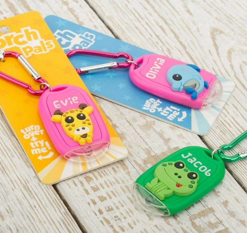 Kids Personalised Torch Keyring Novelty Mini LED Toy Light Carabiner Name Animal - Image 4 of 4