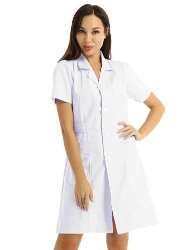 Women's Short Sleeve Lab Coat Medical Nurse Doctor Coat Hospital Uniform Dress - Picture 28 of 50