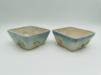 2 Sonoma Life Style Seaside Aqua Square Bowls Beach 3D Shells Starfish