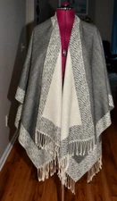 Women's reversible Wrap Cape Fringe Shawl Cardigan poncho, beige gray one size