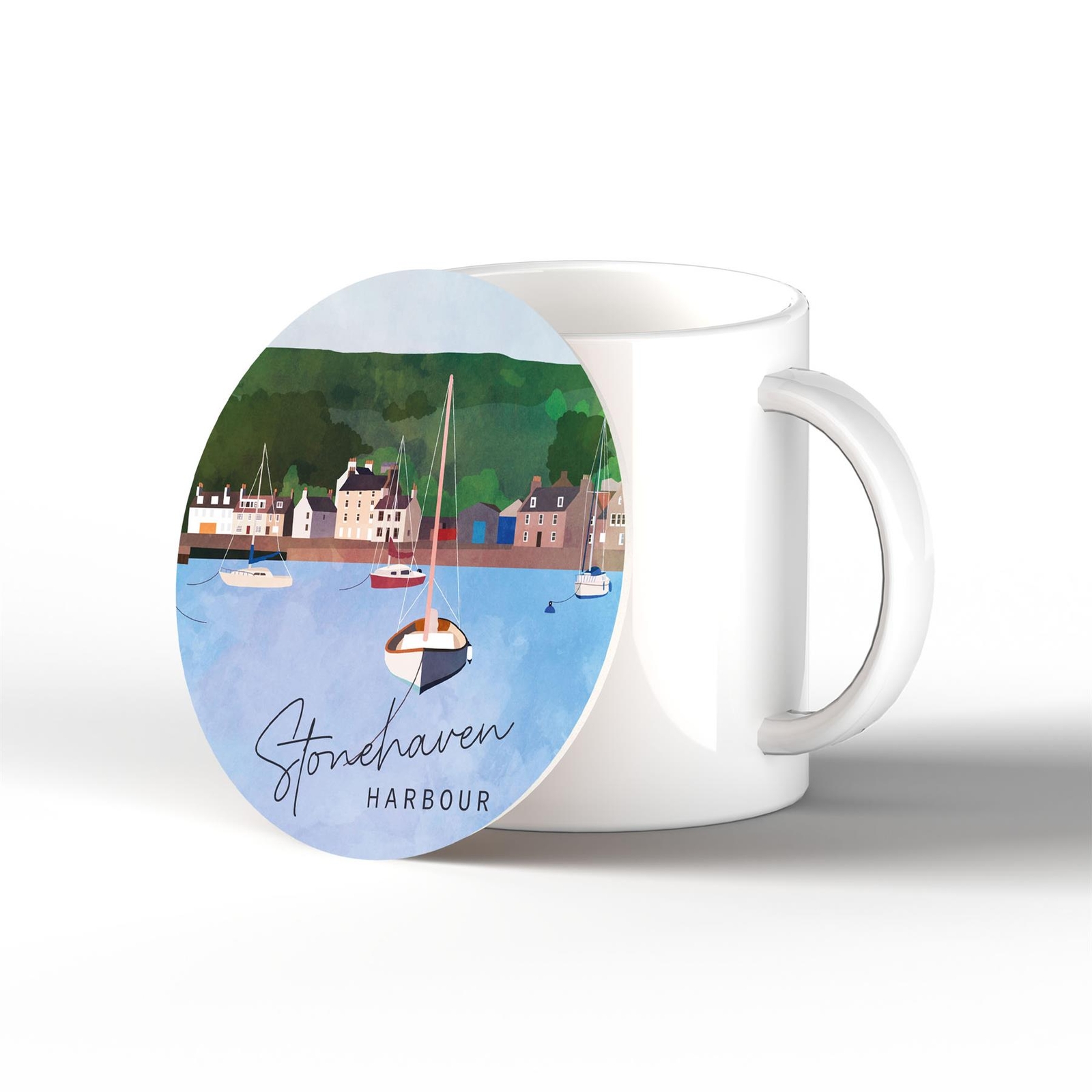 Stonehaven Harbour Illustration Printed On Ceramic Coaster With Cork Base