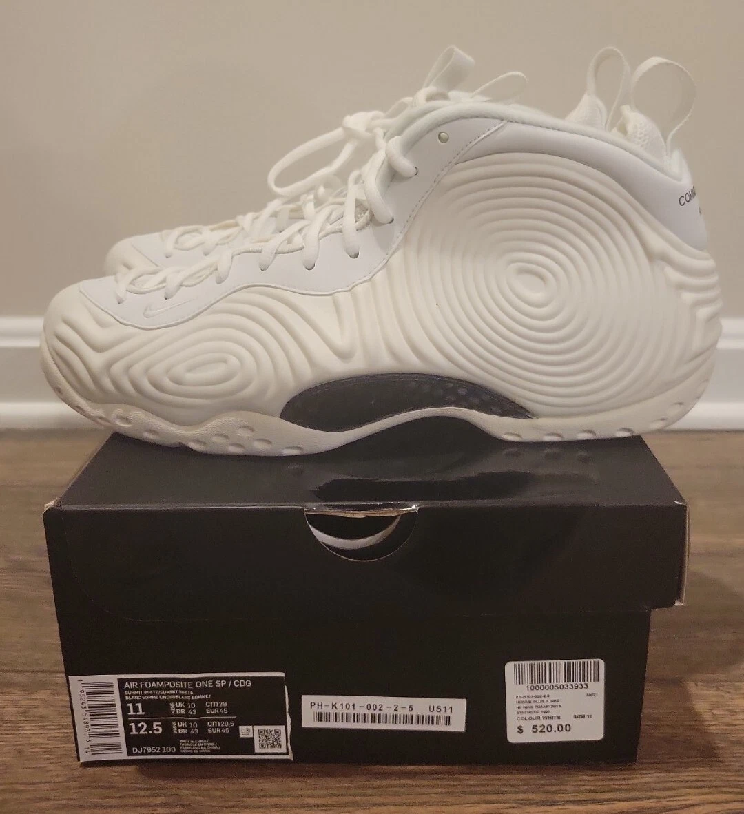 NEW COMME DES GARCONS CDG US size 11 NIKE AIR FOAMPOSITE ONE WHITE DJ7952-100