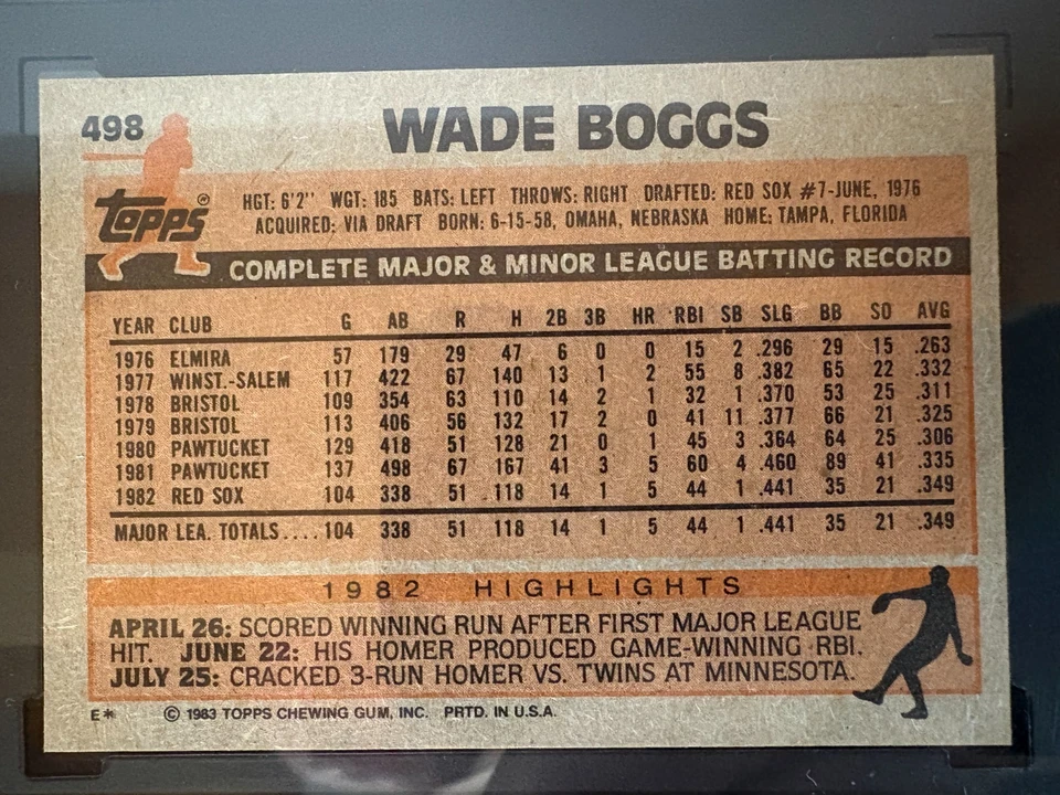 1983 Topps Baseball Rookie (RC) Card #498 Wade Boggs Red Sox SGC 8.5 NM / MT  - Image 4 of 4