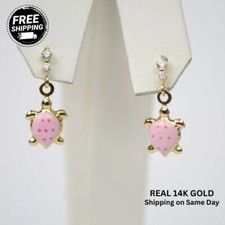 14K Solid Yellow Gold Turtle Enamel Dangle Screw Back Baby Earrings