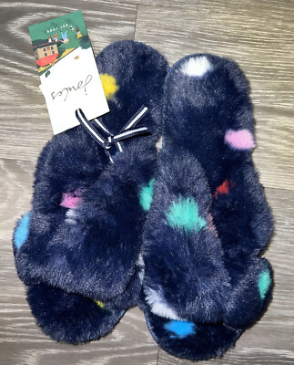 Joules MABELLE Ladies Flat Faux Fur Fluffy Slip On Slider Slippers Navy  Spot UK