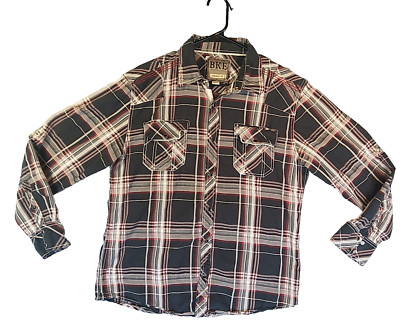 BKE Men Button Up Pearl Snap Long Sleeve Roll Tab Collared Plaid Shirt Size Larg