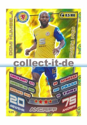 Match Attax Extra 13/14 - 539 - DOMI KUMBELA Eintracht Braunschweig Fan Favorit