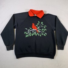 VINTAGE Cardinal Bird Sweatshirt Tag L But Fits Adult Medium Black Flowers U27