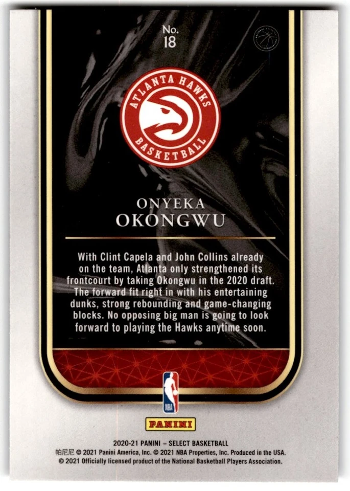 2020-21 Panini Select Rookie Selections Onyeka Okongwu #18 Atlanta Hawks - Image 2 of 2