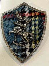 Vintage 1950s Piscitelli PIM Pewter Knight On Plaid Material Brooch Pin