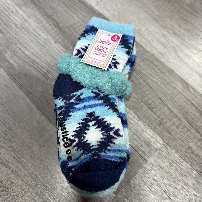 NEW! Justice Cozy Socks Grippers 3pair Blue Aztec 10.5-4 Sz Fleece Girls NWT