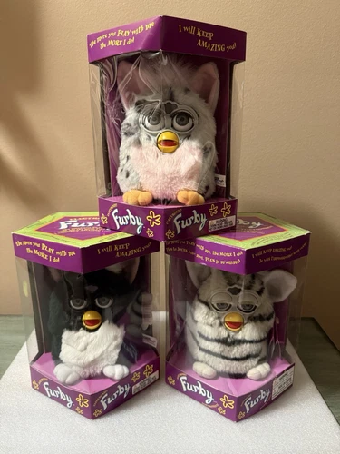  LOT of 3 Vintage FURBY: Gray Leopard/pink belly, Zebra & Black/pink ears SEALED