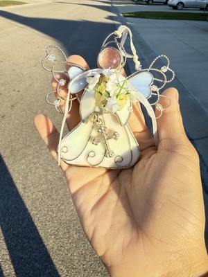 Vintage  Stained Glass & Metal Angel Holding A Cross Ornament Christmas Handmade