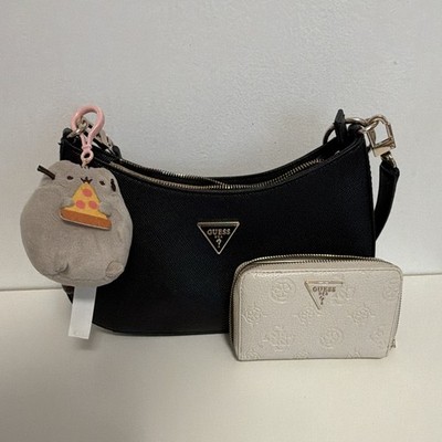 GUESS Black Small Crescent Shoulder Bag Zip Top w/ Coin Purse Charm Pusheen
