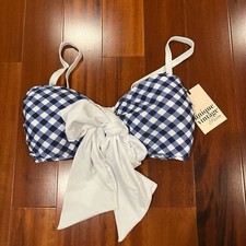 New NWT Unique Vintage Bikini Top Navy Blue White Gingham Plaid Bow Swim Large