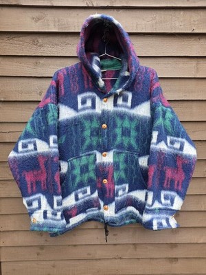 Vintage Rumipamba Ecuador Kapuzenjacke Damen XL Wolle Azteken Ethno Muster Boho