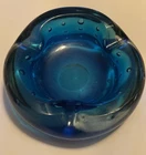 MCM Blenko Type B508 Blue Controlled Bubble Art Glass Ashtray 6” VTG MIDCENTURY
