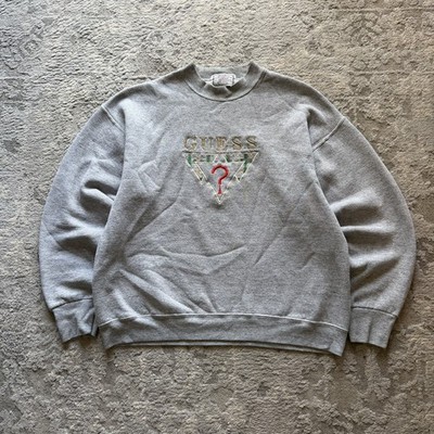 Vintage 90s Guess Jeans Crewneck Sweatshirt Mens L Grey Embroidered Spellout USA