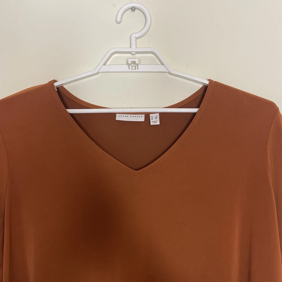 SUSAN GRAVER Blouse Women 3X Burnt Orange Liquid Knit Chiffon Flowy Tunic Boho - Image 2 of 4