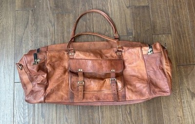 Vintage 80s Large Leather Canvas Lined Duffel Travel Bag, Several Pockets
