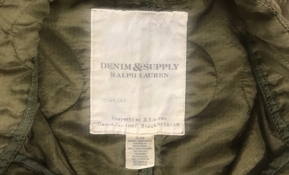 Rare Denim & Supply Ralph Lauren Quilted Military Jacket Talon Zip Army Green XL - Image 4 of 4