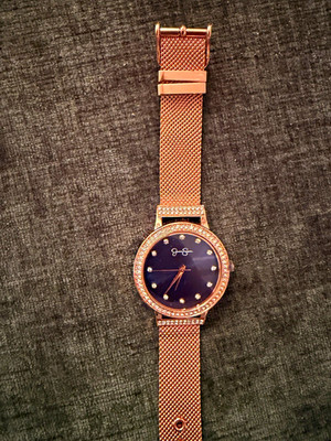 Jessica Simpson Women's Quartz Watch Rose Gold Mesh Band Blue Dial Gem Bezel