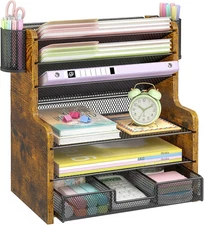6-Tier Mesh Desk Organizer with Drawer, Wooden Office Organizer for Papers