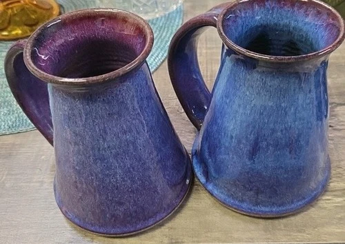 Vintage Pair Of Hand Made Pottery Coffee Mug Cup Artist Signed Lave Glaze