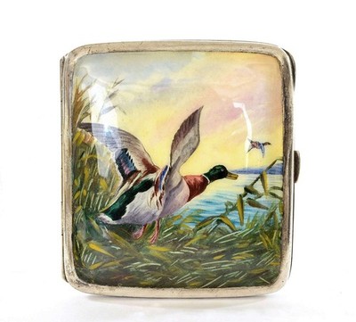 1930's Germany Alpacca Silver Plated Enamel Cigarette Case Duck Bird Mk - AS IS