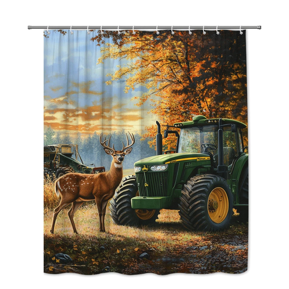 Deer and tractor shower curtain rustic autumn forest farm bathroom decor for men - Image 2 of 4