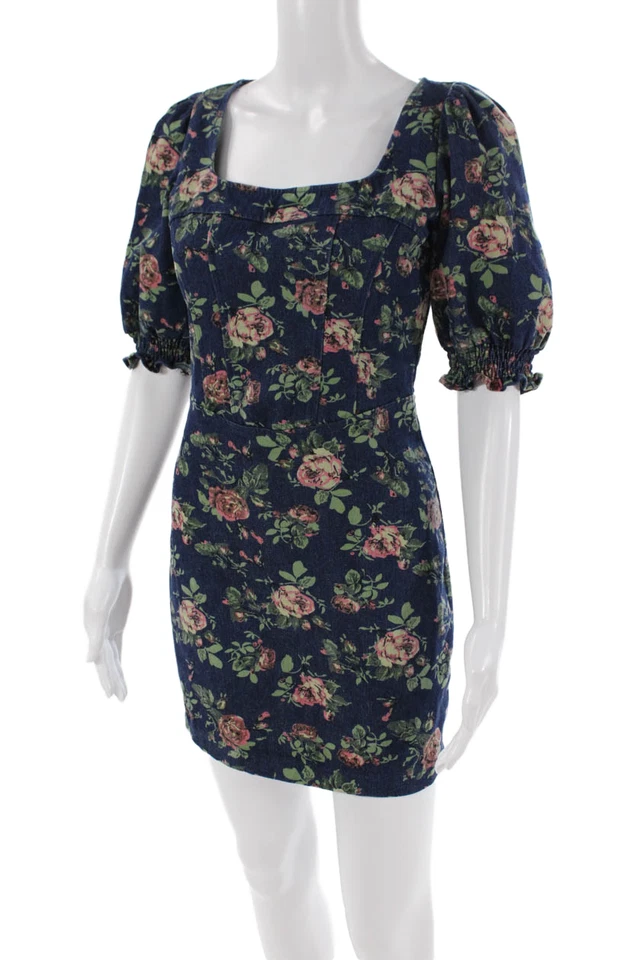 Betsey Johnson Womens Floral Square Neck Puff Sleeve Denim Dress Blue Size XS - Image 2 of 4