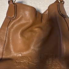 Coach Brown Pebbled Shoulder Bag with Embossed Logo, Double Handles, Brand Card