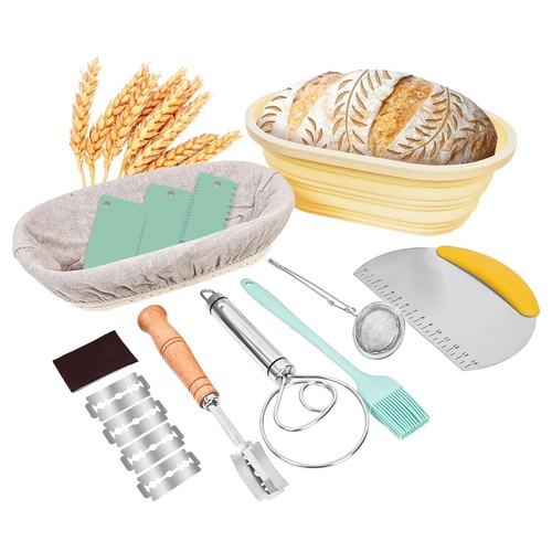 Bread Proofing Basket, 10" Oval Foldable Silicone + 9" Rectangular Rattan Bas...