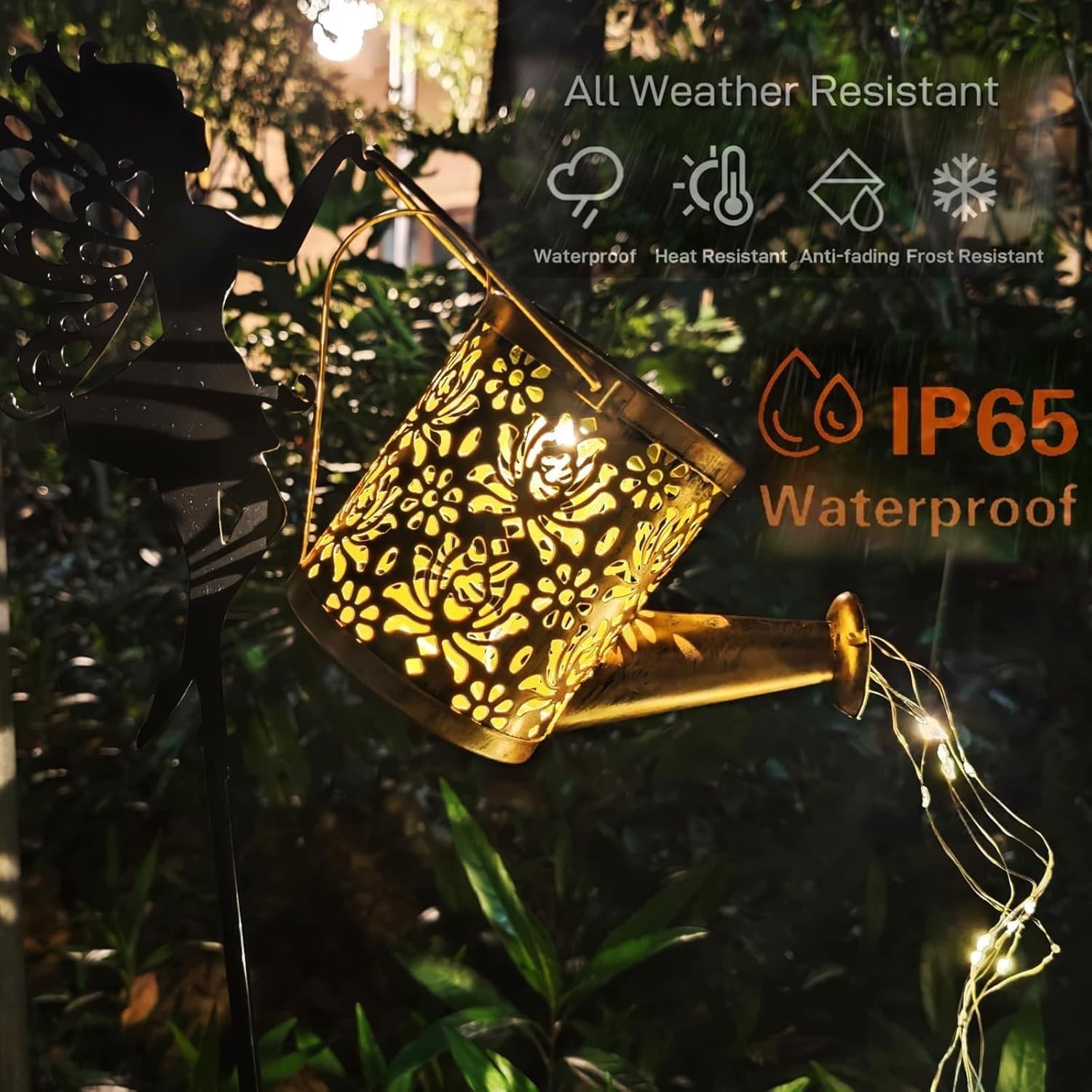 Fairy Garden Decor Solar Watering Can, Waterproof Hanging LED Garden Lights for