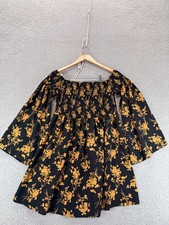 SHEIN Womens Off Shoulder Bell Sleeve Shirred Dress Black Gold Floral Size XL