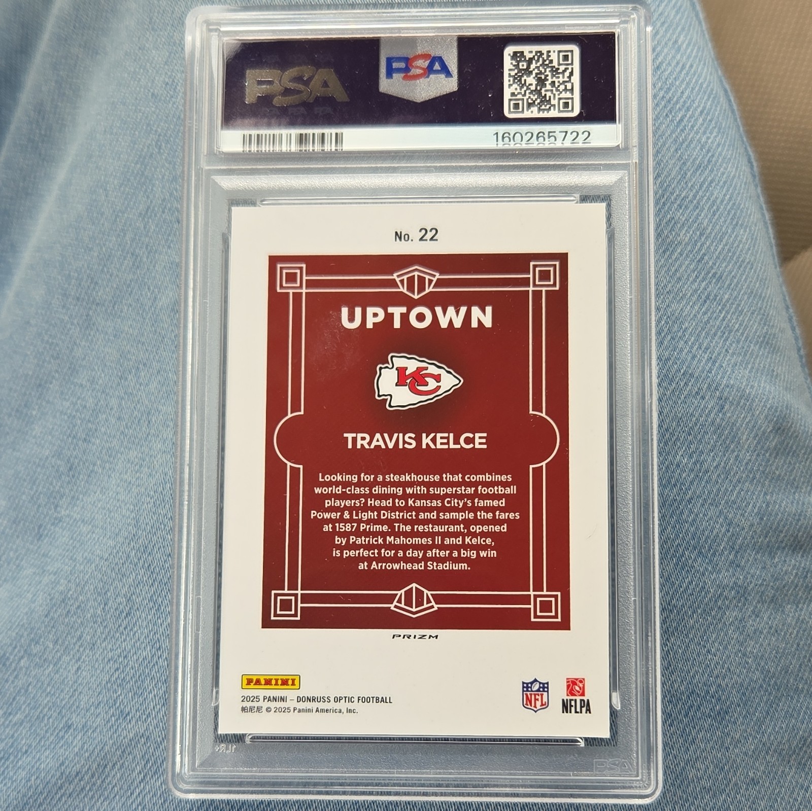 Panini 2025 Donruss Optic Uptowns Travis Kelce #22 PSA 8 Kansas City Chiefs view 2