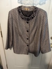 Kasper jacket Size 20W Black Beaded Button Closure Black White. Tweed Round Neck