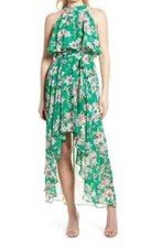 NO BELT ELIZA J Green Floral Print Popover High-Low Belted Chiffon Gown Dress 8