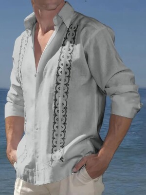 Camisa holgada estampado gris hombres transpirable solapa botones manga larga