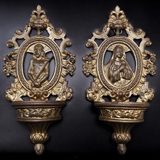 Antica Coppia Di ACQUASANTIERE In BRONZO DORATO Fine 1800 LIBERTY Gesù e Madonna