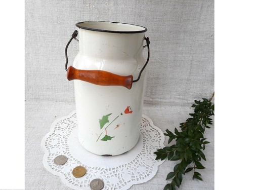 Vintage weißer Emaille Milchdose Emaille rustikaler Eimer französisches Blumendekor #8 - Bild 3 von 7
