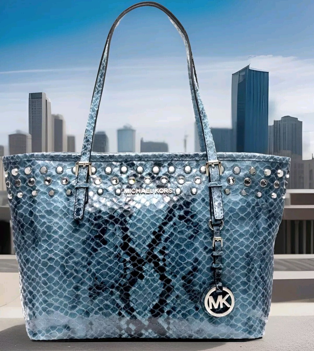 マイケル・コース 🌞MICHAEL KORS JET SET TRAVEL JEWEL TOP ZIP BLUE SNAKESKIN LEATHER